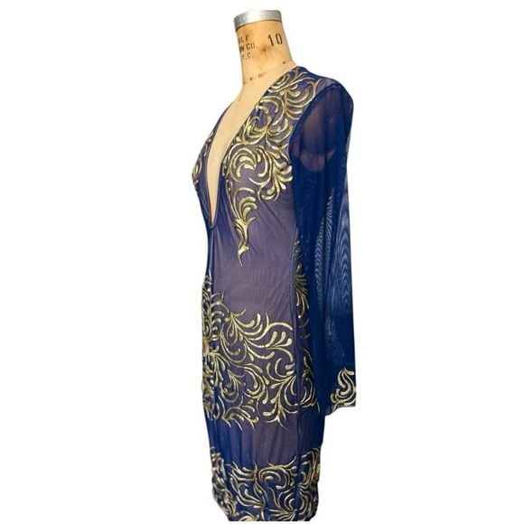 HOLT Maison De Luxe Hand Painting Navy & Gold Mini Embroidered Dress Size L - Picture 3 of 8